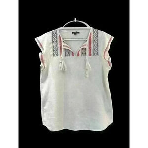 Adrianna Papell Embroidered Blouse Women Medium White Flutter Sleeves Tassel Tie